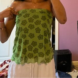 Green Patterned Top with White Outfit